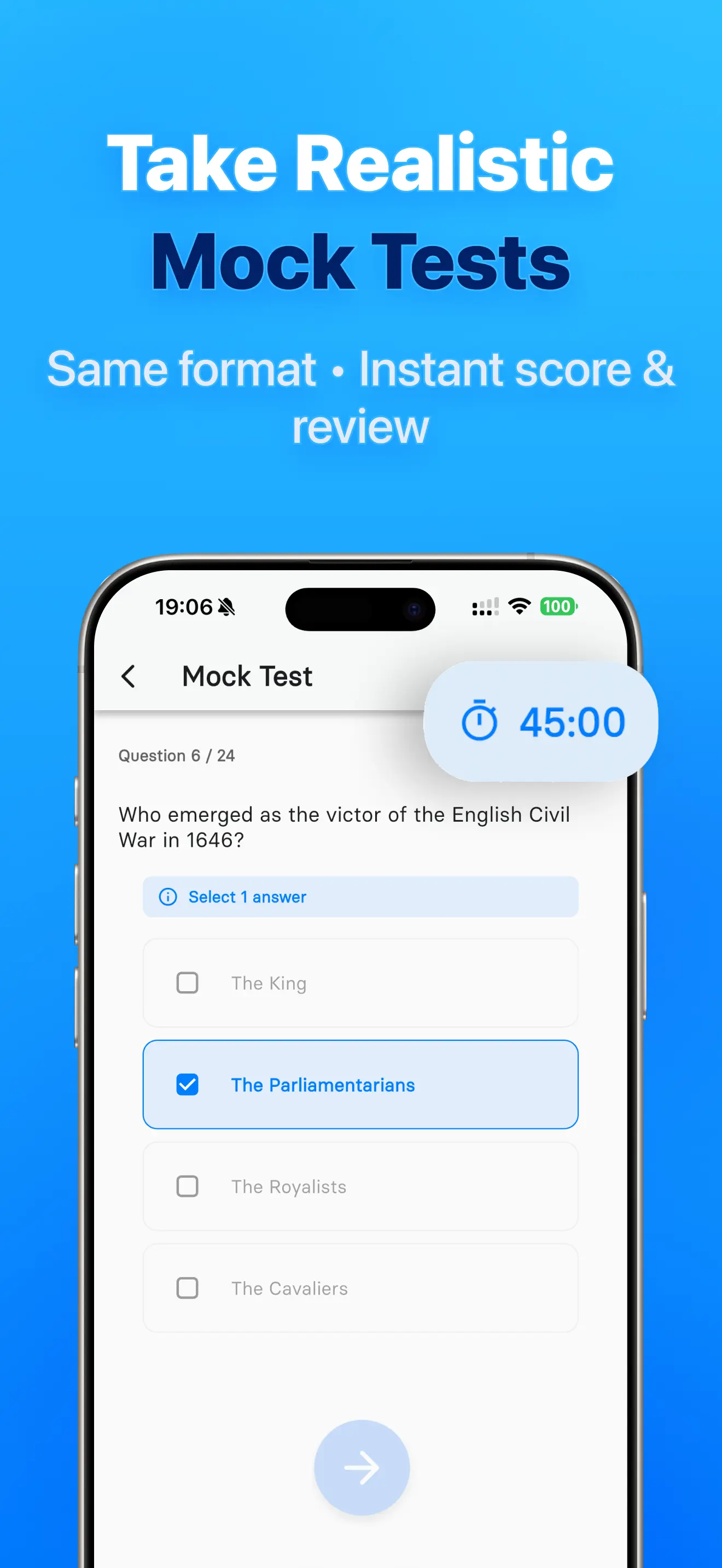 Life in the UK Test app mock test screen with timer and instant review