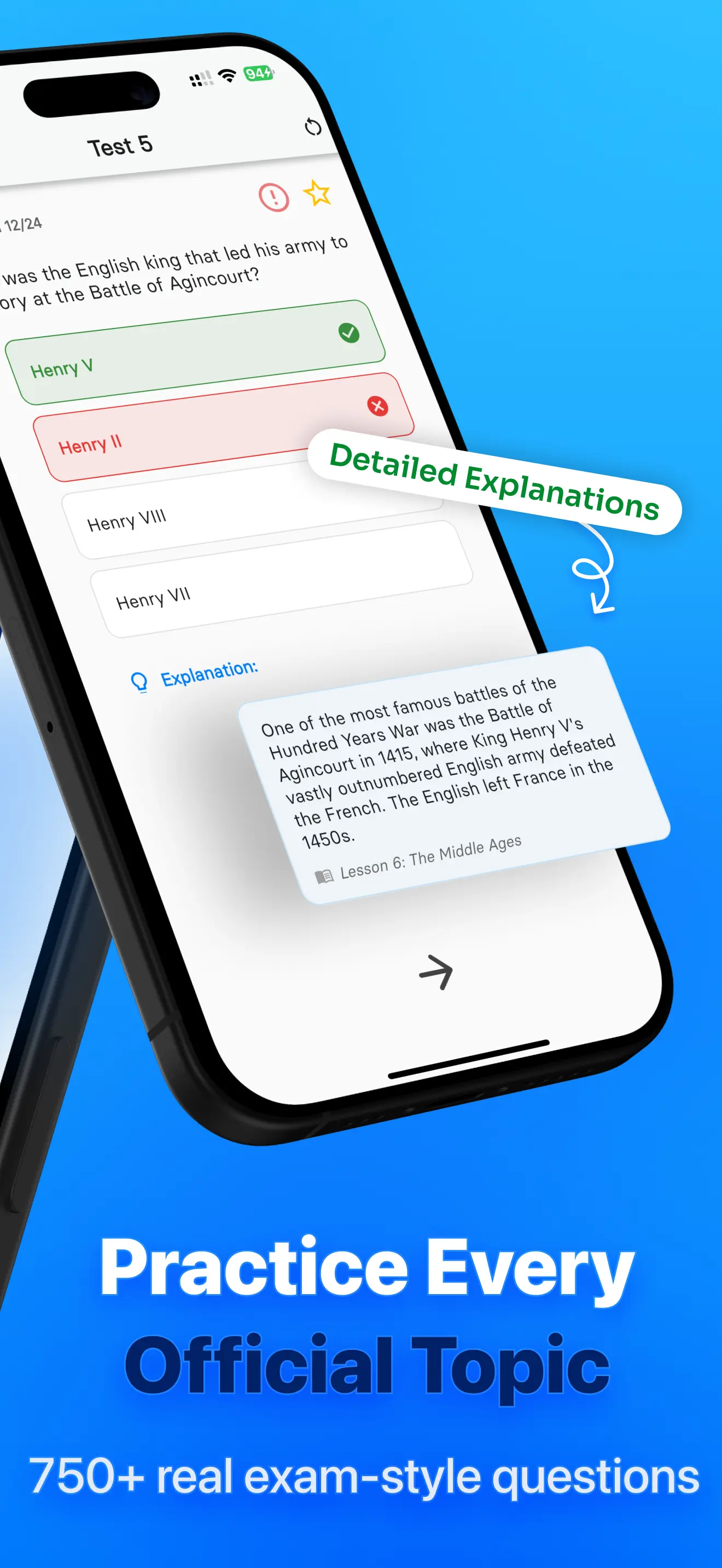 Life in the UK Test app official topic practice screen with detailed explanation
