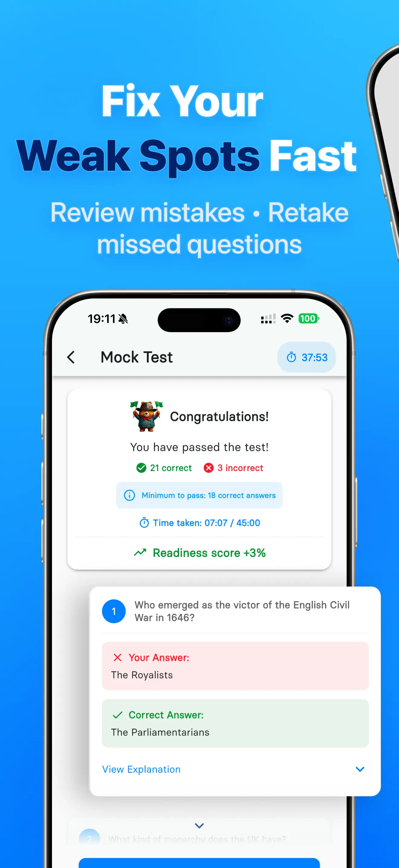 Life in the UK Test app review screen showing weak spots and missed questions