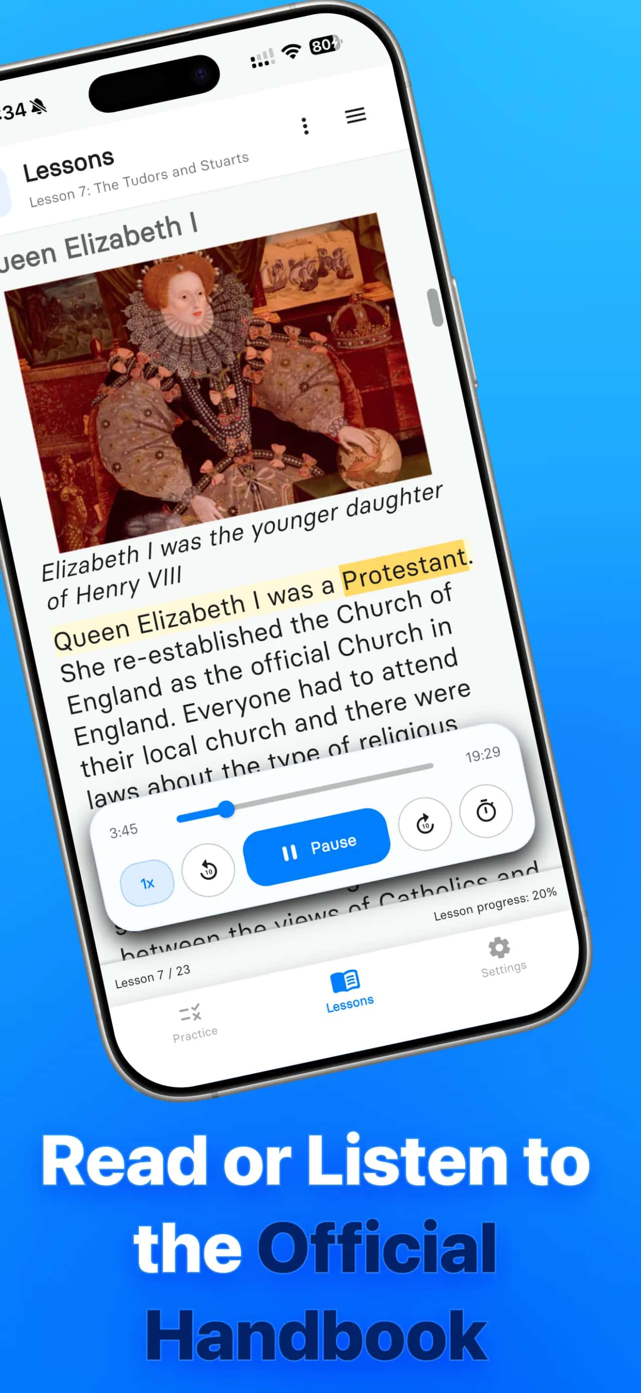 Life in the UK Test app lesson screen with read and listen handbook mode