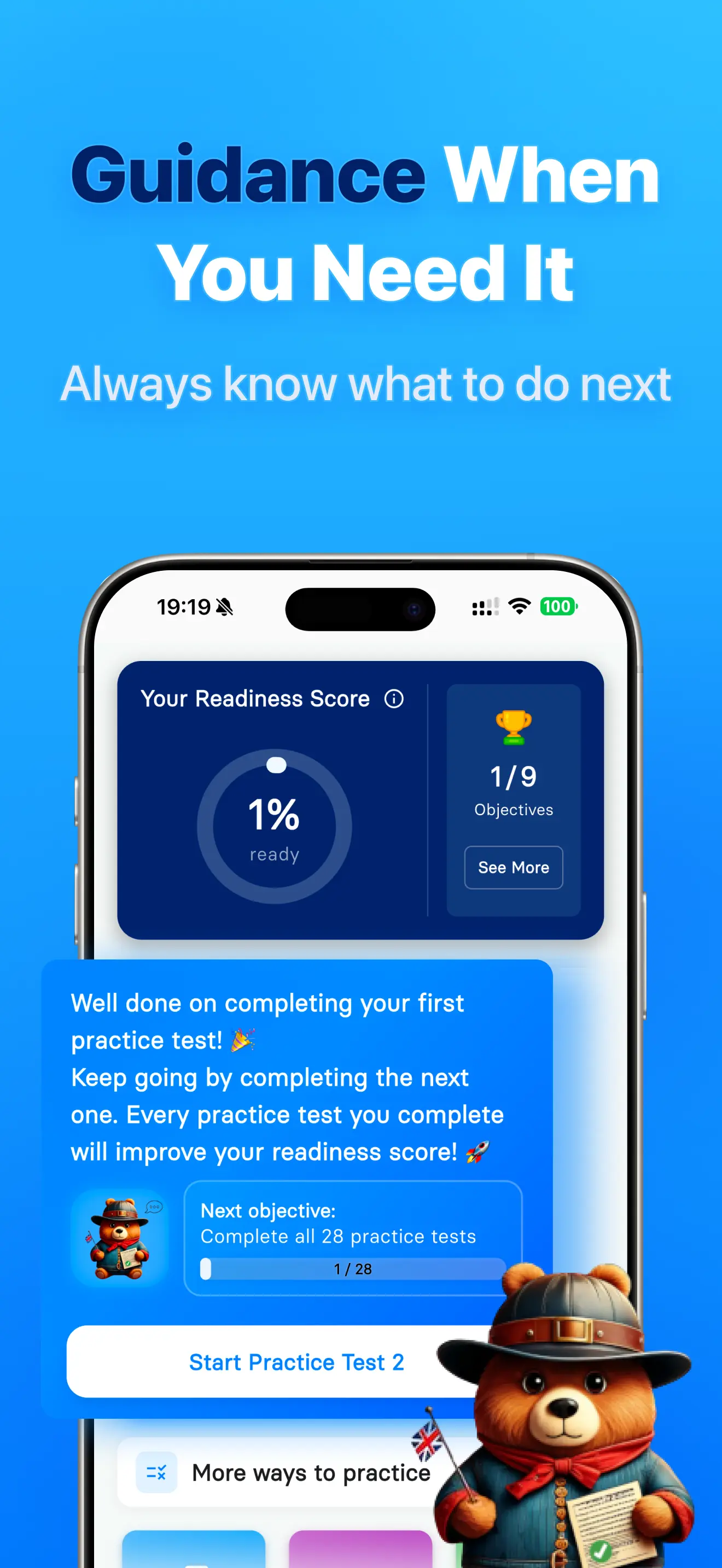 Life in the UK Test app guidance screen showing what to do next