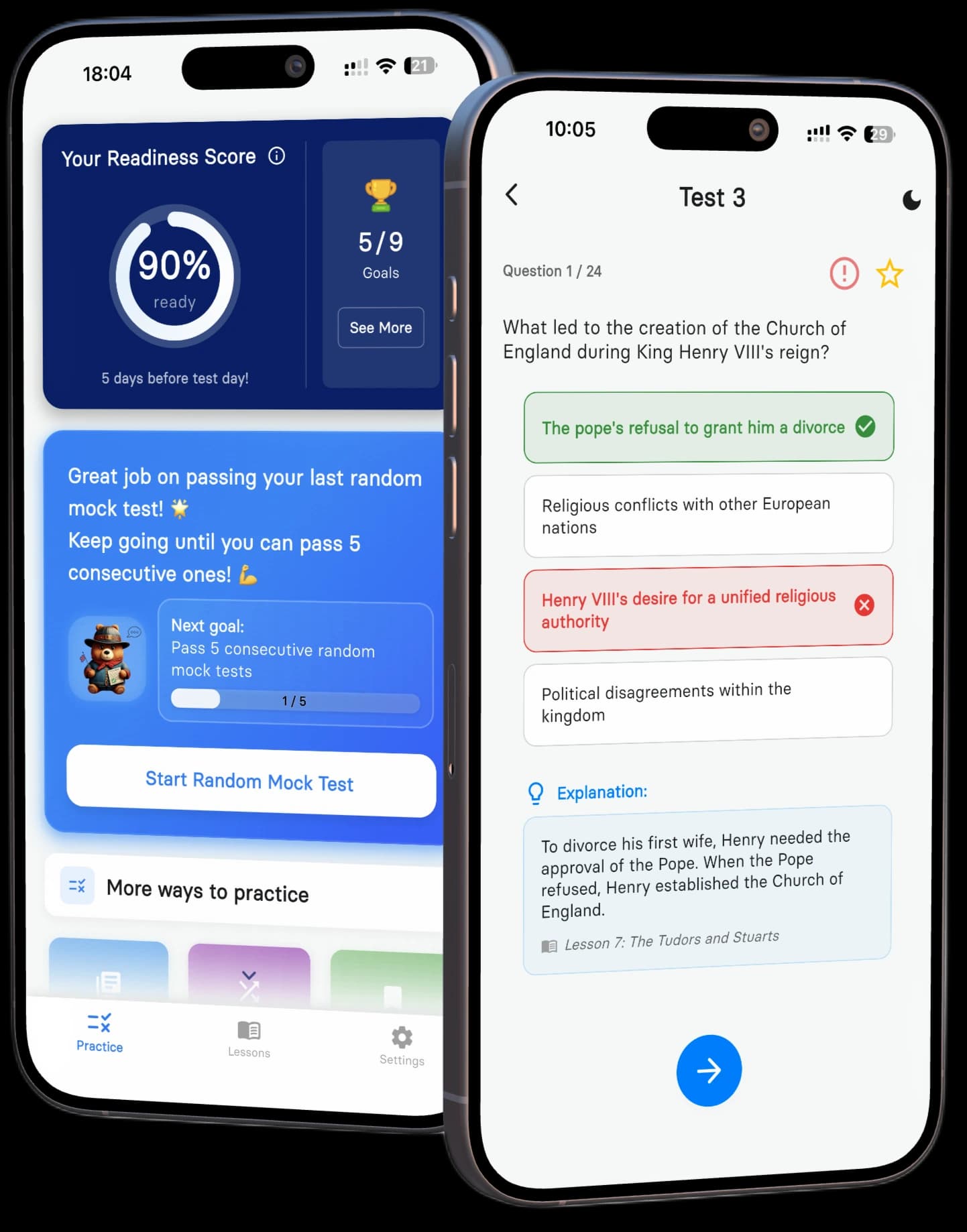Life in the UK Test app question screen with answers and explanation