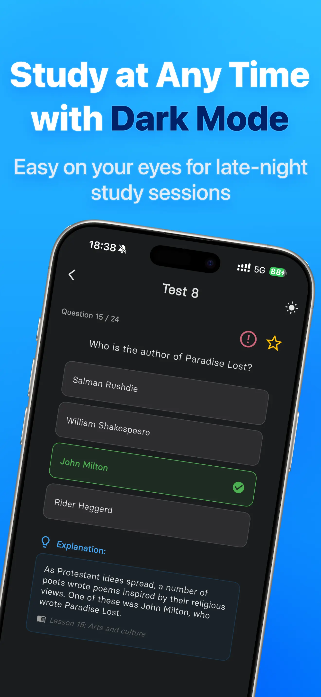 Life in the UK Test app dark mode screen