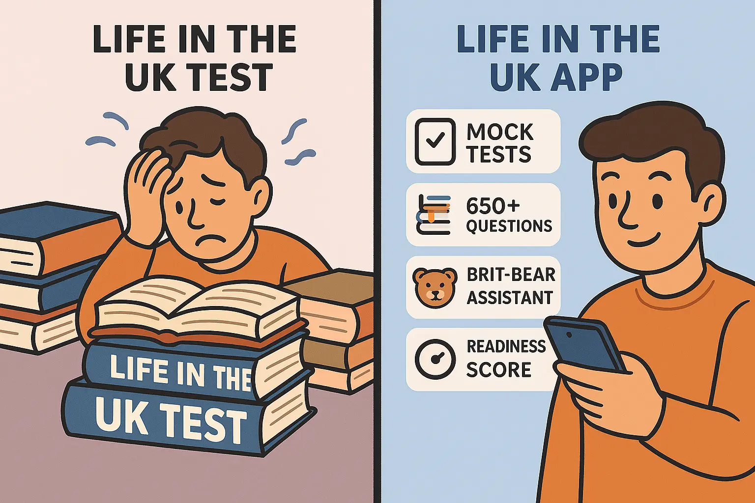 Infographic illustrating how the Life in the UK Test App features help users prepare effectively for the test, highlighting mock tests, question bank, and progress tracking.