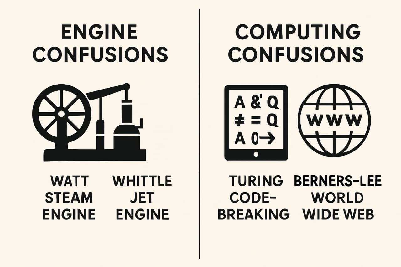 Side by side infographic comparing Watt’s steam engine vs Whittle’s jet engine and Turing vs Berners-Lee for quick exam recall.