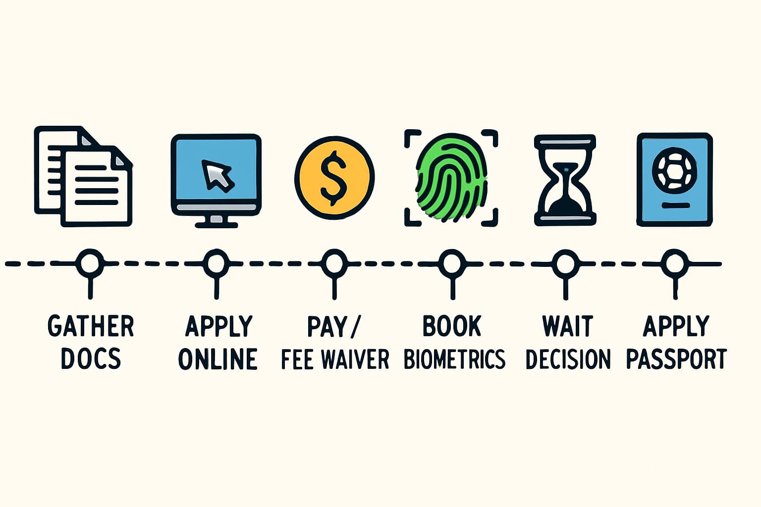 Infographic timeline summarising the MN1 process steps from eligibility to passport, with short uppercase labels for each step.