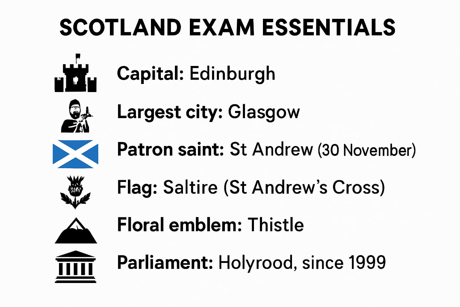 Infographic summarising Scotland exam essentials including capital, patron saint date, flag, emblem, highest mountain, largest city, and Scottish Parliament location and date.