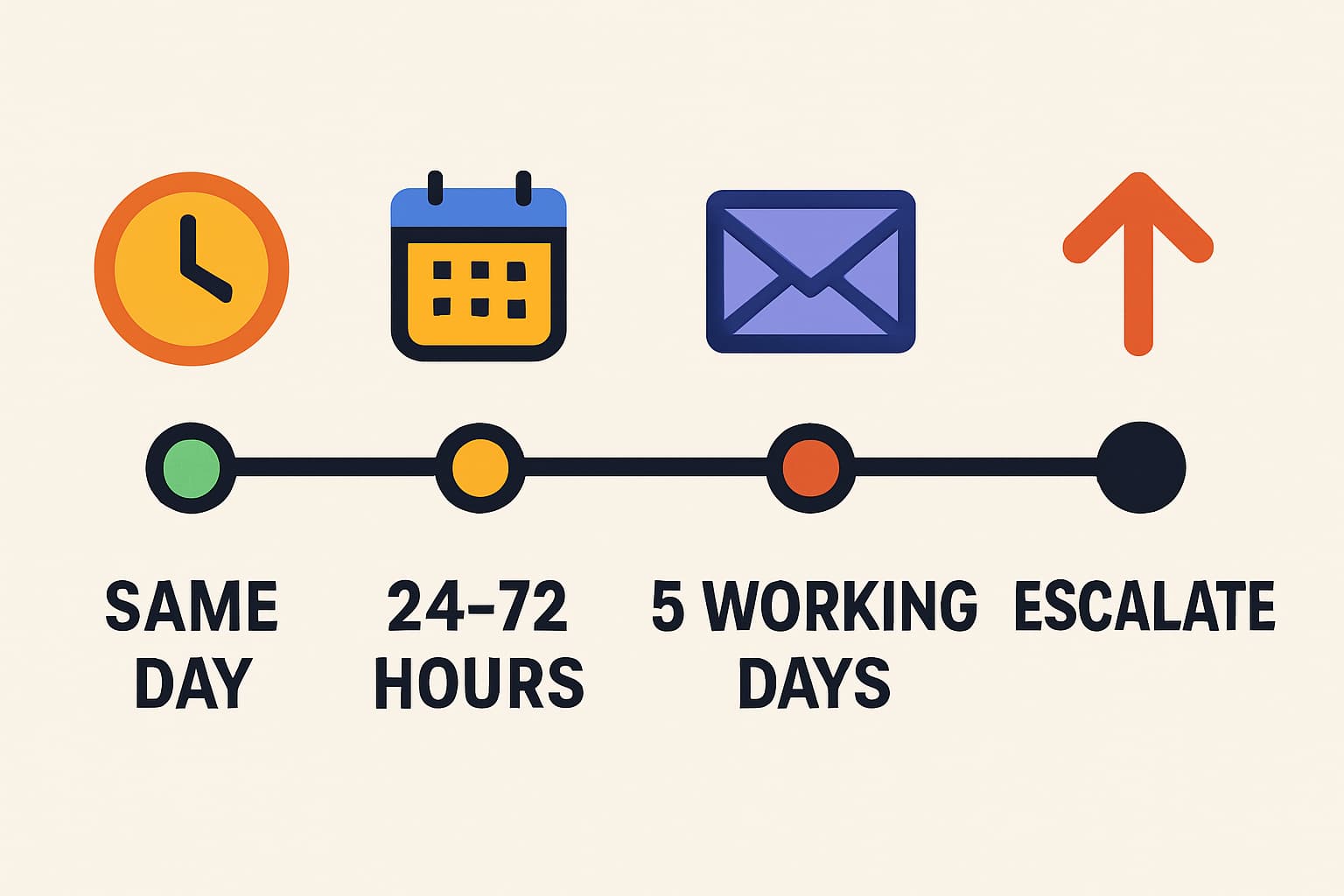 Timeline infographic showing verification windows for a URN: same day, 24-72 hours, after 5 working days escalate