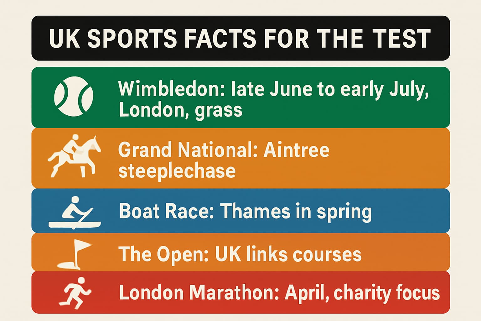 Infographic checklist of UK sports facts for the Life in the UK test including Wimbledon timing and Grand National location