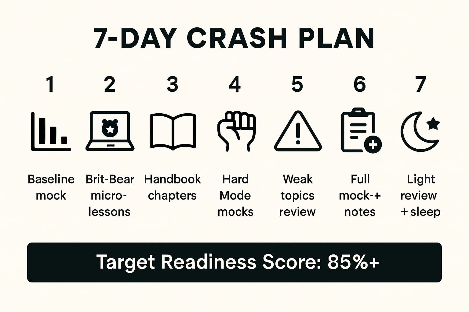 Infographic showing a 7-day crash study plan using the Life in the UK Test App with daily actions and a readiness score target