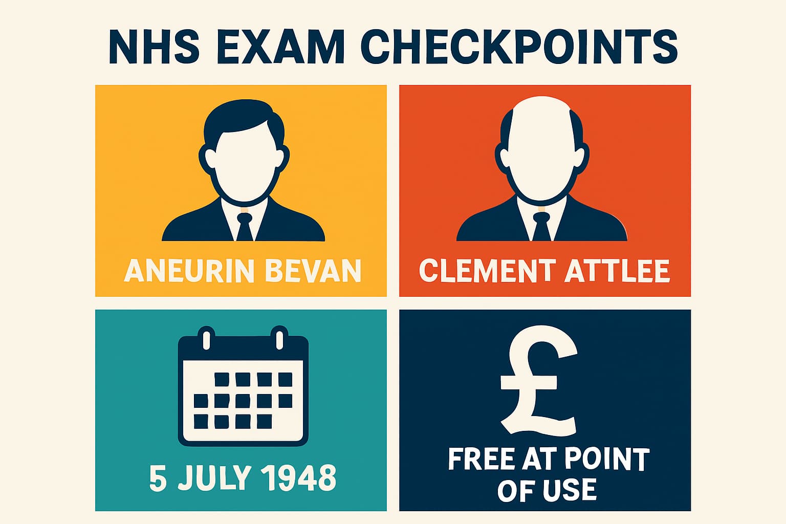Infographic cheat sheet showing key exam facts for the NHS: Bevan, Attlee, 5 July 1948, and Free at Point of Use