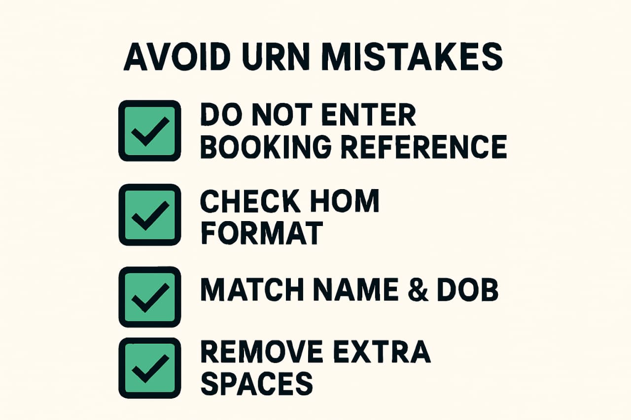 Checklist infographic showing four big tips to avoid URN mistakes: do not enter booking reference, check HOM format, match name and DOB, remove extra spaces