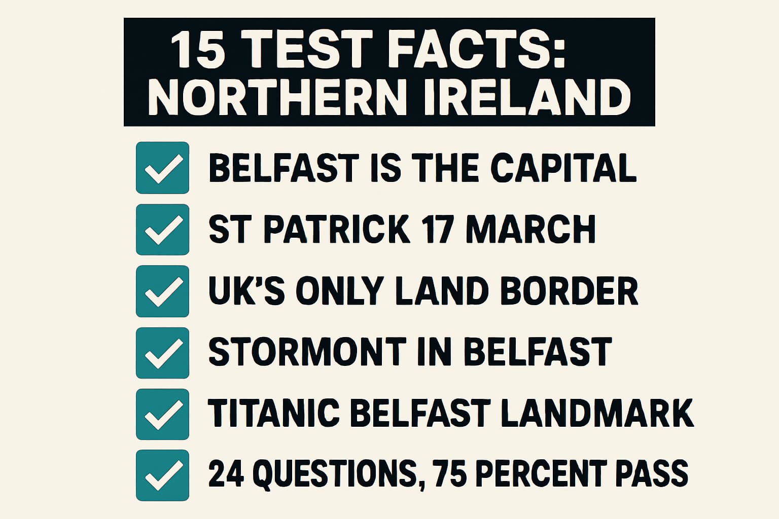 Checklist infographic of 15 key Northern Ireland test facts including Belfast, St Patrick, land border, and test stats