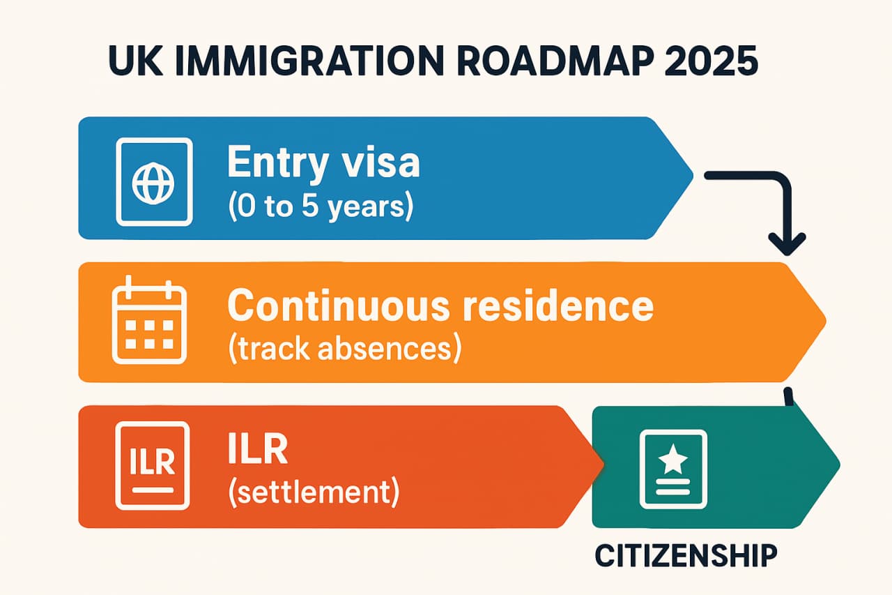 Infographic timeline of the UK immigration journey showing visa, residence, ILR, and citizenship milestones with typical timeframes
