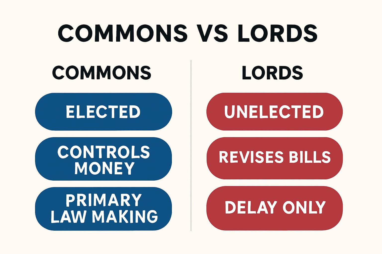 Simple infographic comparing the House of Commons and House of Lords with columns showing elected vs unelected roles, money bill control, and revising function