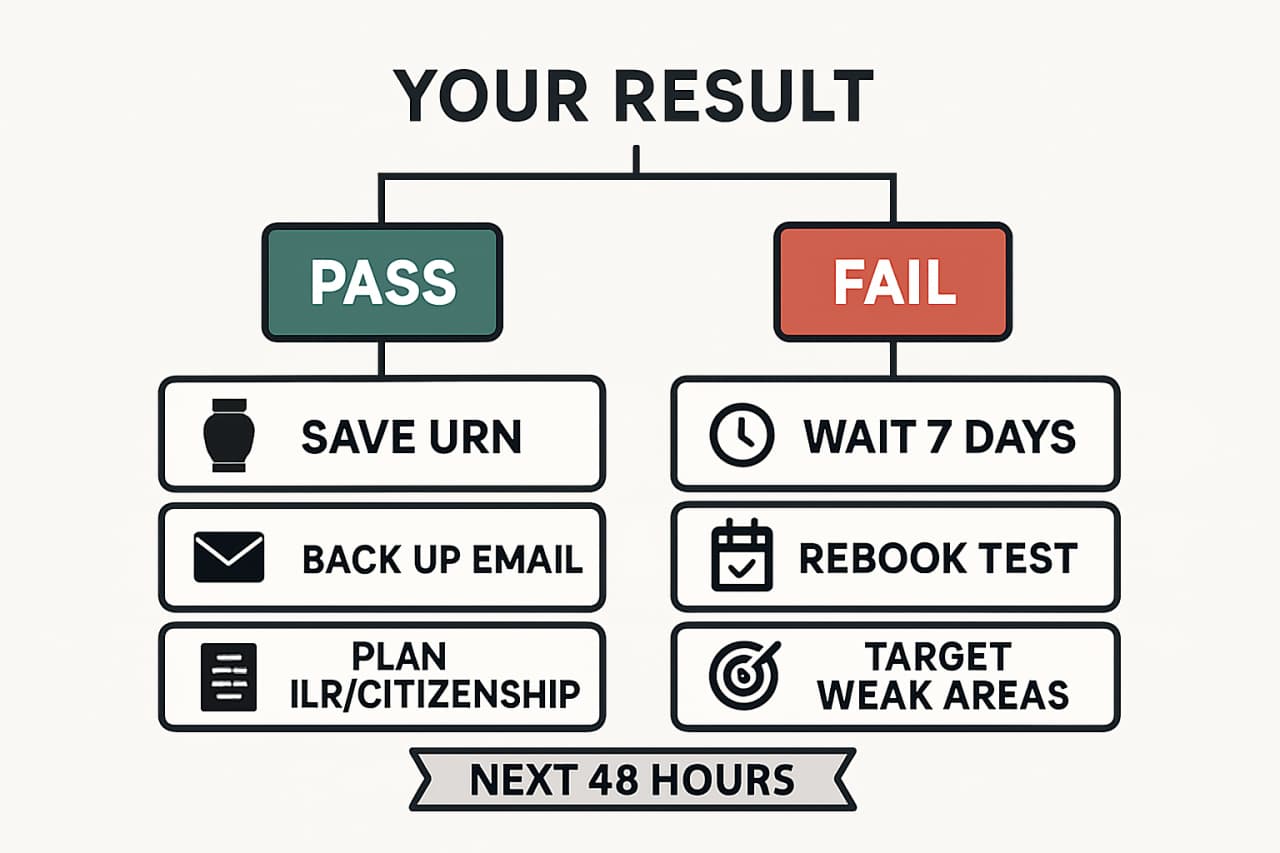 Simple flow infographic showing PASS and FAIL outcomes after the Life in the UK Test