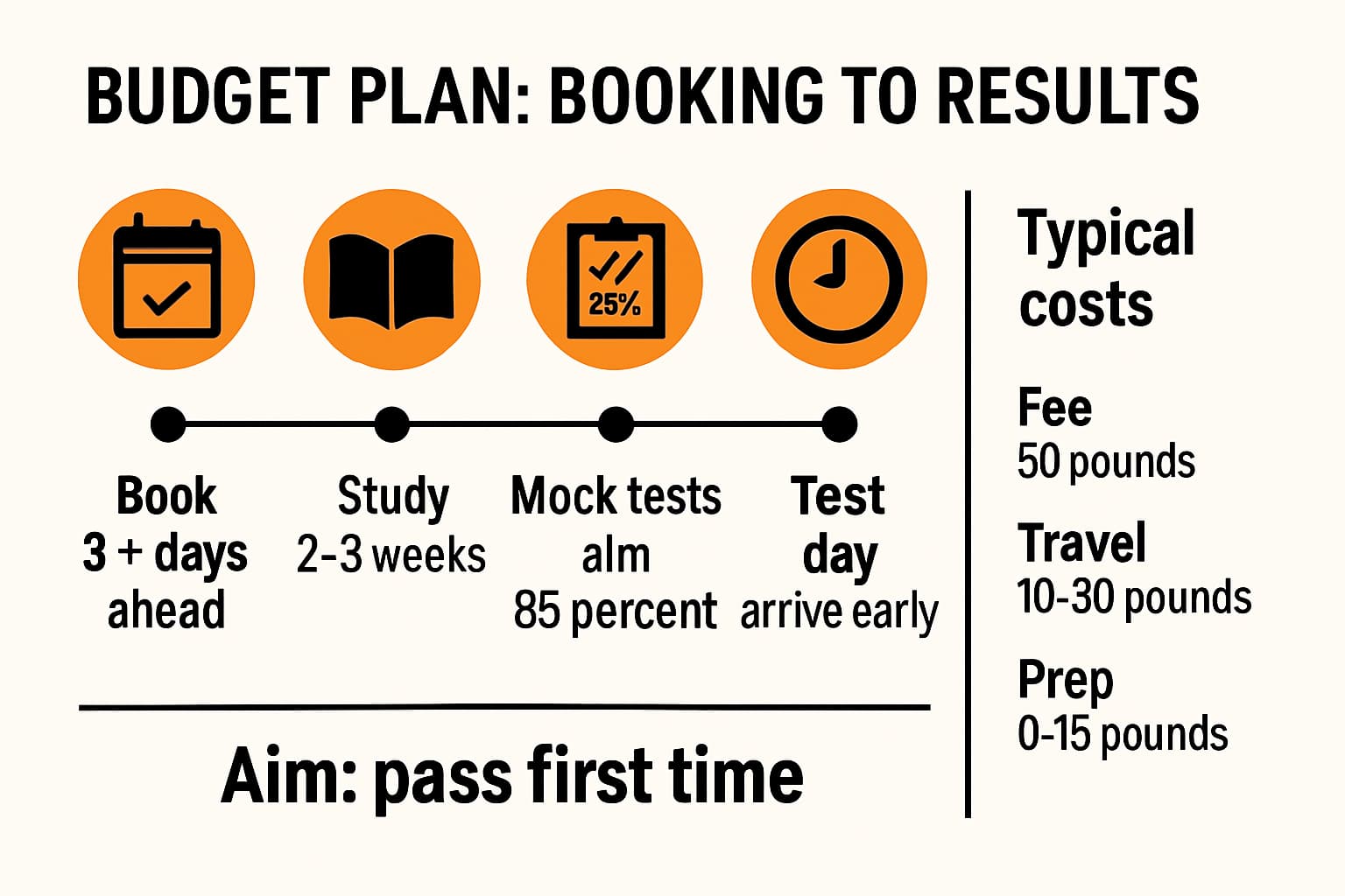 Infographic timeline showing a simple budget plan from booking to results with key steps and approximate costs to help candidates plan and pass first time.