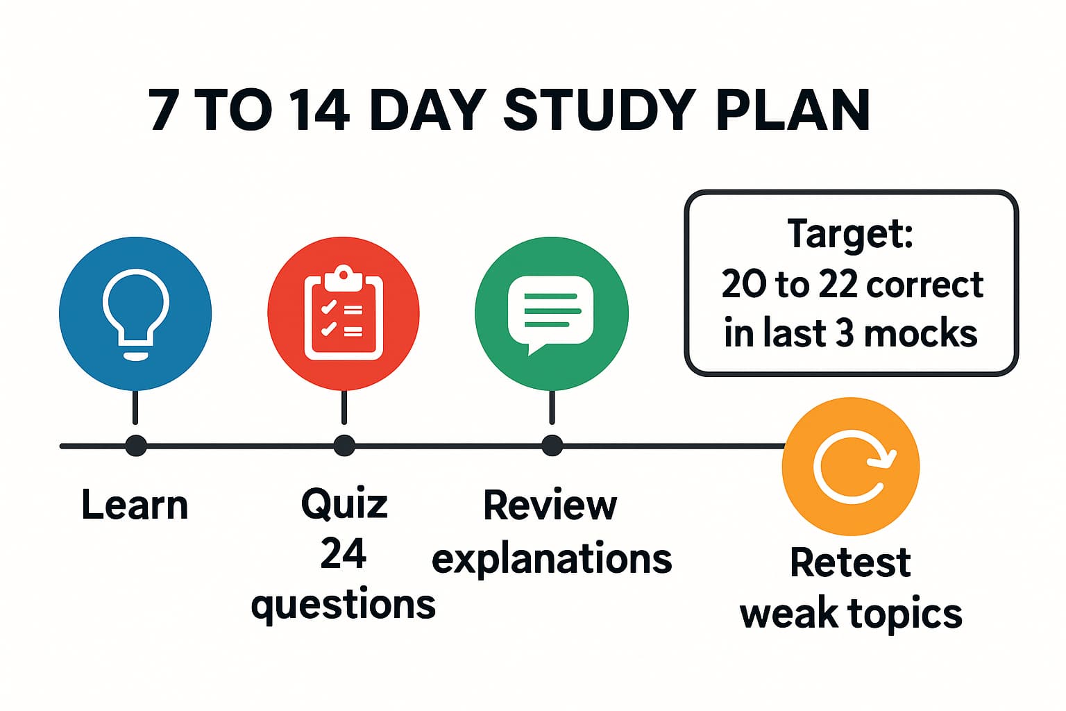 Timeline infographic showing a 7 to 14 day Life in the UK Test study plan with daily loop: learn, quiz 24 questions, review, retest