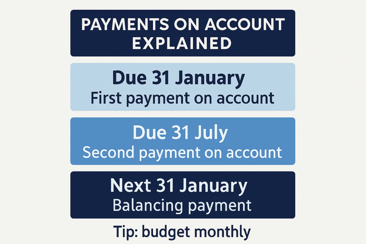 Simple diagram showing how payments on account work with January and July instalments and a balancing payment in January to help taxpayers budget