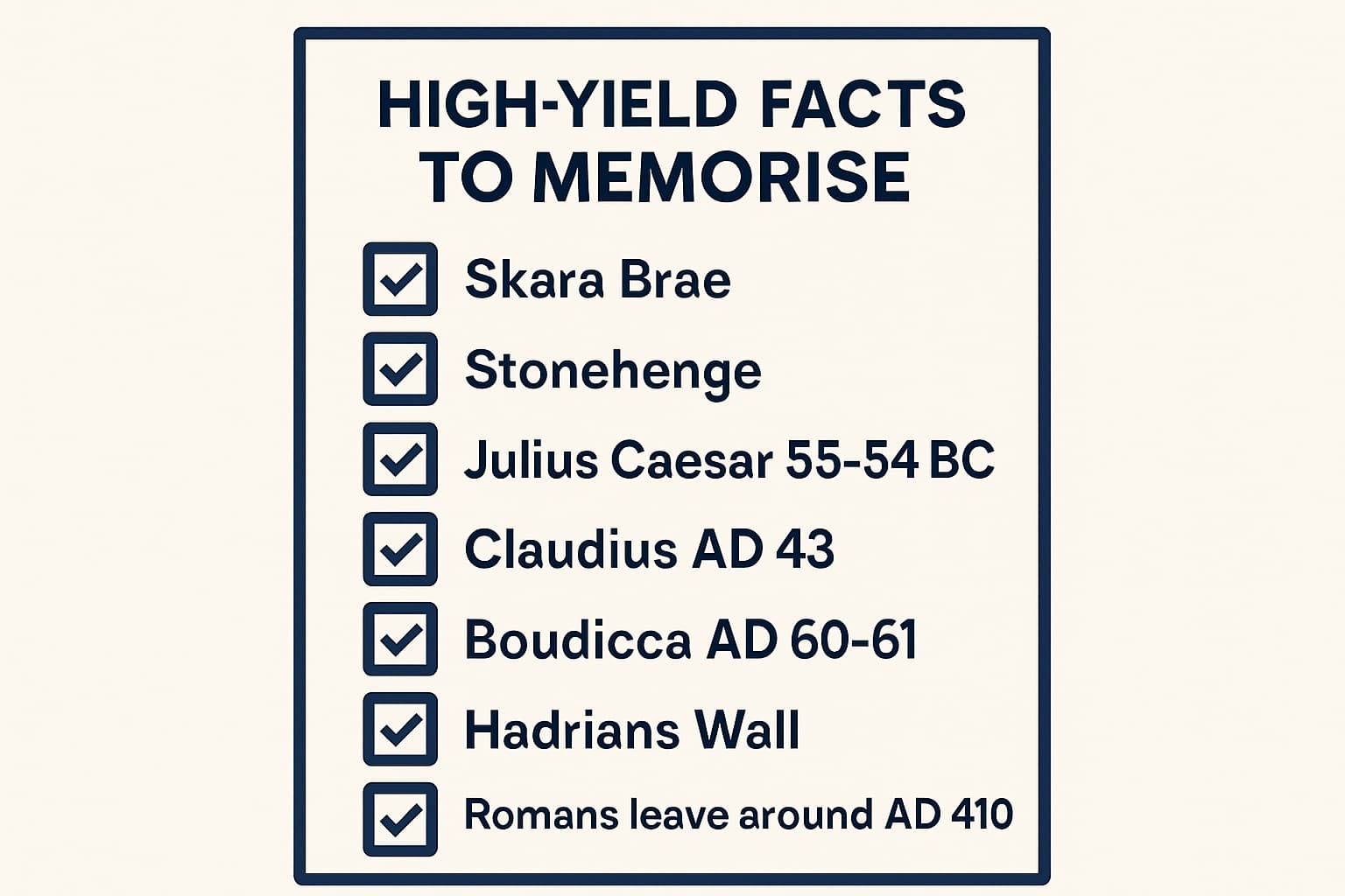 Checklist infographic of the most testable Early Britain facts and dates including names, places, and four anchor dates.