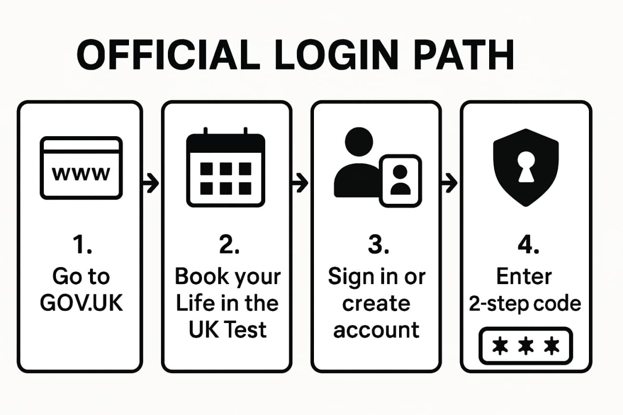 Infographic showing the official route from GOV.UK to the PSI Life in the UK booking account